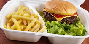 Cheeseburger and fries in a styrofoam container